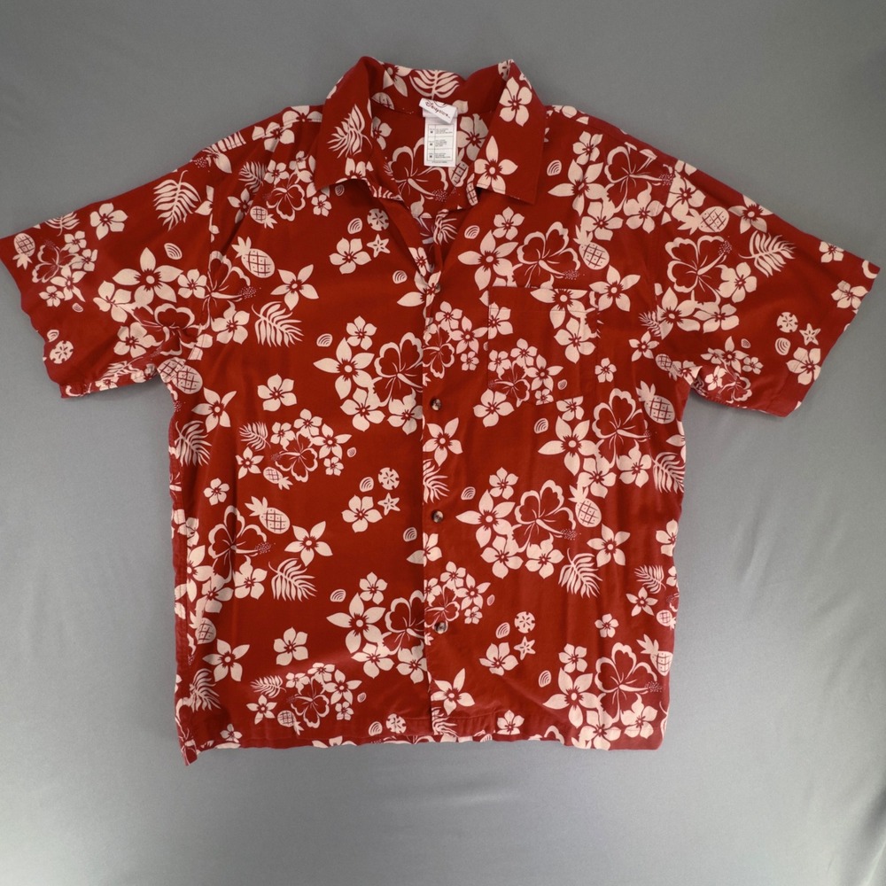 Vintage Disney Store Mens Mickey Minnie Hawaiian Shirt Red Floral Tropical Med